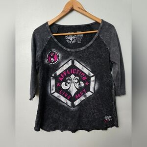 Affliction Live Fast Tee Size Medium Skull Y2K 3/4 Sleeve Biker Rock Grunge